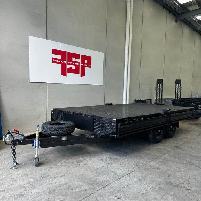 16x8 (4.8mx2.4m) Flat Top Tandem Trailer with Headboard, Removable Sides, Tool Box