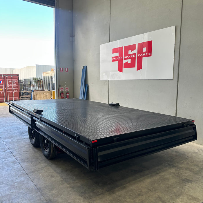 16x8 (4.8mx2.4m) Flat Top Tandem Trailer with Headboard, Removable Sides, Tool Box