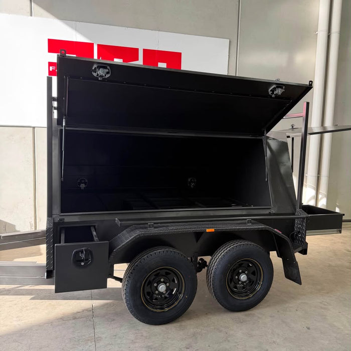 8x5 Tradesman Trailer One Piece Slant Sides, Drawers, Shelves, Back Door - FSP Trailers and Parts