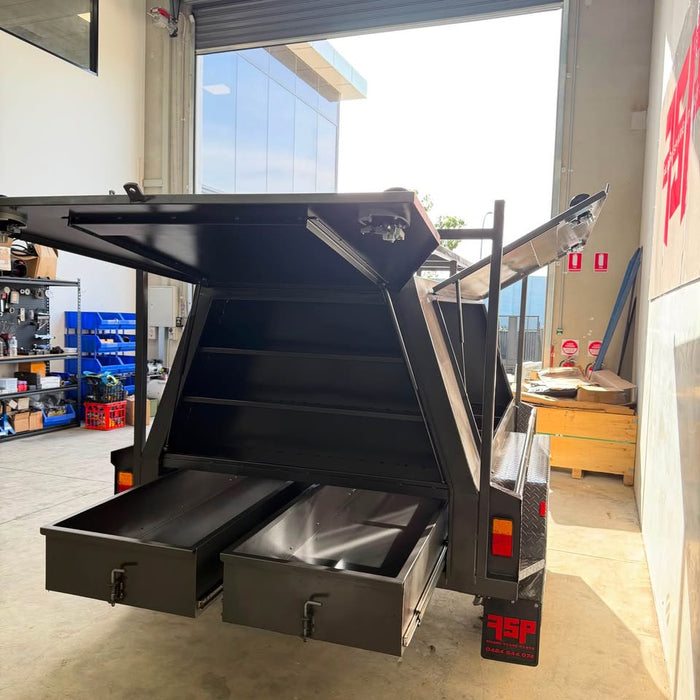8x5 Tradesman Trailer One Piece Slant Sides, Drawers, Shelves, Back Door - FSP Trailers and Parts