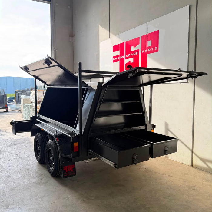 8x5 Tradesman Trailer One Piece Slant Sides, Drawers, Shelves, Back Door - FSP Trailers and Parts