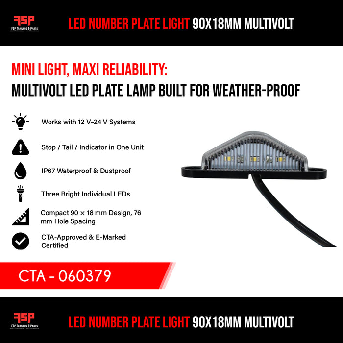 LED Number Plate Light 90x18mm Multivolt (CTA - 060379) - FSP Trailers and Parts