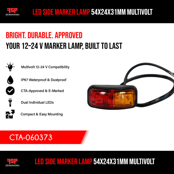 LED Side Marker Lamp 54x24x31mm Multivolt Red&Amber (CTA-060373) - FSP Trailers and Parts